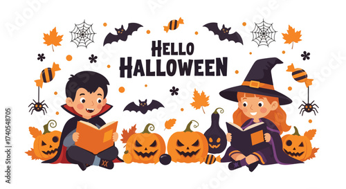 Adobe illustrator artwork vector illustration. Adorable kids in Halloween costumes reading spooky stories. Perfect for children's books, holiday promotions, and educational materials
