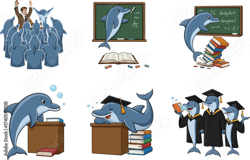 Cartoon dolphins learning, reading books, teaching, attending class, graduation ceremony, school education, underwater marine students, academic dolphin illustration.