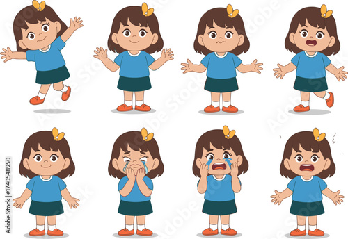 Cartoon girl showing different facial expressions and emotions, animation character set for educational, psychological, and emotional learning concepts