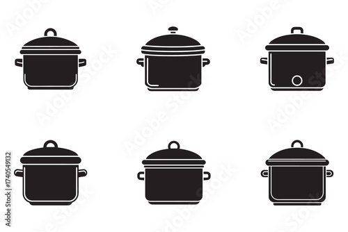 Set of Cooking Pot Silhouettes Black and White Kitchen Utensils for Culinary Illustrations and Recipes Variety of shapes and styles of cookware