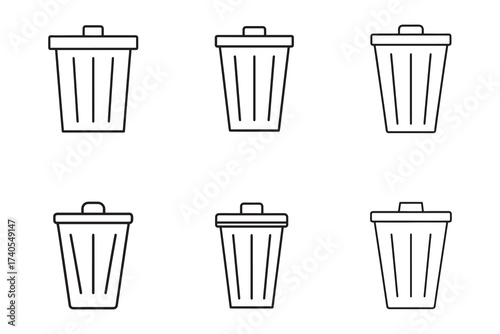 Set of Minimalist Trash Can Icons on White Background Depicting Recycling and Waste Management Concepts