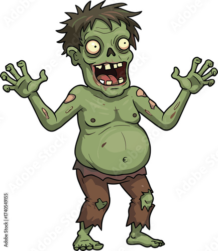 Cartoon zombie, green skin, scary character, bloated belly, Halloween art, horror illustration, creepy undead, funny monster, stock design, fantasy