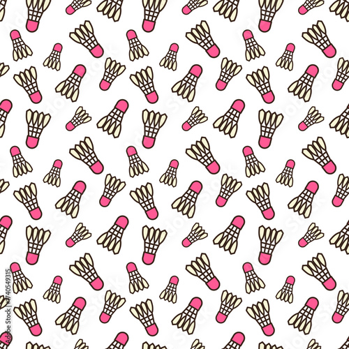 doodle pattern of shuttlecock, commonly used in badminton. It features a pink cap at the top followed by a dark brown grid. Below this, there are several light beige of feather base of the shuttlecock