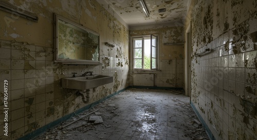 Dilapidated bathroom showcases decay with peeling paint and broken mirror creating a spooky mood.