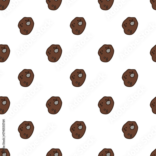 doodle pattern of irregularly asteroid brown object with a dark outline. It features several small, lighter brown circular markings and one larger, light grey circular marking