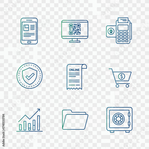 Online payment and business security concepts with icons for digital transactions, finance, and data protection on a transparent background