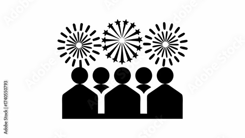 Crowd watching fireworks celebration with starbursts in the night sky, festive gathering