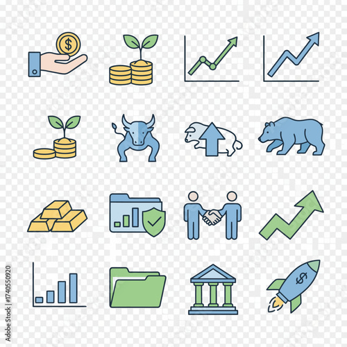 Stock Market and Finance Icons Illustrative Set Depicting Growth, Investments, and Business Concepts