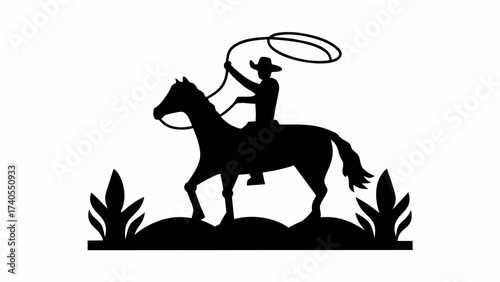 Bold cowboy silhouette riding horse with lasso design element, perfect for western themes and rustic charm