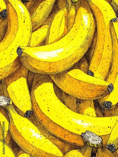 Yellow banana bunch, detailed art style, fruit background