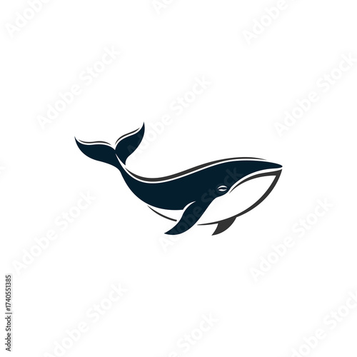 Graphic illustration of a dark blue whale with a white belly, swimming gracefully on a white background.