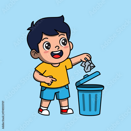 Vector Cartoon Illustration of Child Putting Garbage in Dustbin