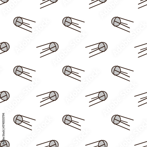 doodle pattern of a satellite, resembling Sputnik. It has a light grey spherical body with a dark outline, and three dark brown, thin antennae or rods extending from one side, suggesting motion