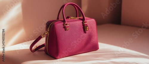 Elegant pink leather handbag with gold hardware