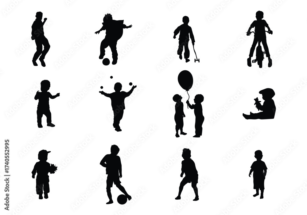 Obraz premium happy child boy playing enjoying set collection pack bundle black shape icon silhouette vector flat illustration design on white background