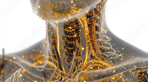 Highly detailed 3D medical illustration of a semi-transparent human upper body on white background, showing glowing throat and larynx with golden streams representing healing garlic and honey enzymes