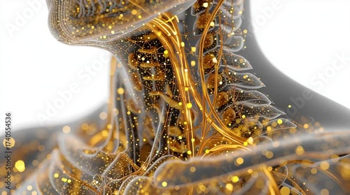Highly detailed 3D medical illustration of a semi-transparent human upper body on white background, showing glowing throat and larynx with golden streams representing healing garlic and honey enzymes