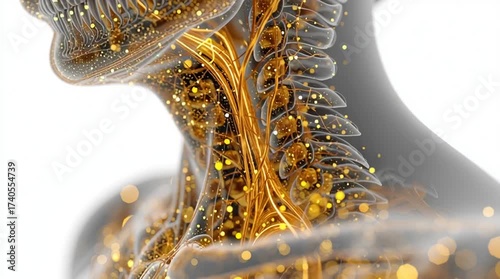 Highly detailed 3D medical illustration of a semi-transparent human upper body on white background, showing glowing throat and larynx with golden streams representing healing garlic and honey enzymes