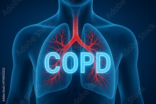Medical illustration highlighting COPD chronic obstructive pulmonary disease human lungs.