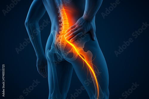 Medical illustration of human body highlighting sciatic nerve inflammation causing hip leg pain