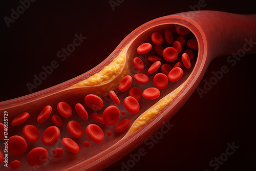 Medical illustration showing artery with red blood cells and cholesterol blockage
