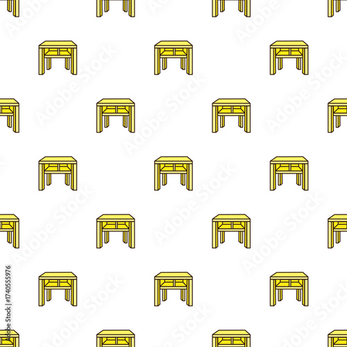 doodle pattern of square table, colored yellow with a dark brown outline, featuring four legs and cross-bracing visible beneath the tabletop