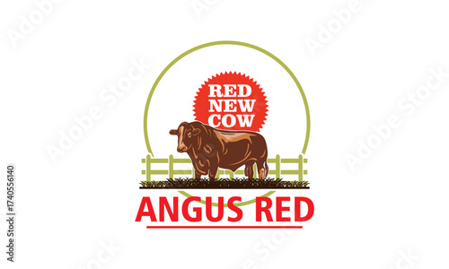 GREAT ANGUS RED NEW CATTLE BREEDS LOGO, silhouette of healthy cow standing at farm vector illustrations