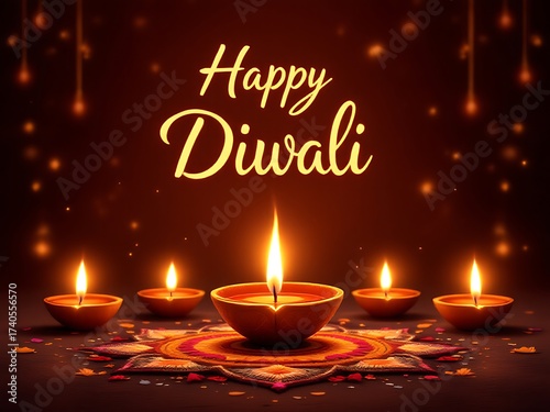 Glowing traditional Diwali oil lamps (diyas) with festive decoration and elegant Happy Diwali text, symbolizing light, joy, and celebration
