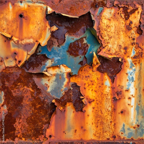 Close-up of corroded, peeling metal with vibrant orange and blue hues