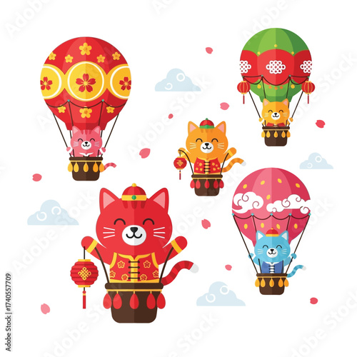 Cute cartoon cats in traditional Chinese outfits flying in hot air balloons, celebrating a festive occasion with clouds and petals.