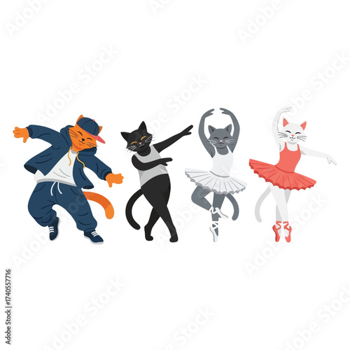 Four cartoon cats dancing in different styles, including hip-hop and ballet, on a clean white background.