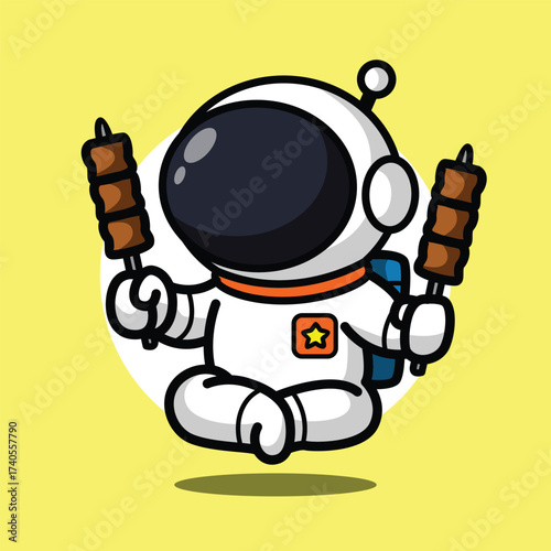 Cute Astronaut Eating Satay Illustration for Space Cartoon Character and Asian Street Food Concept Design