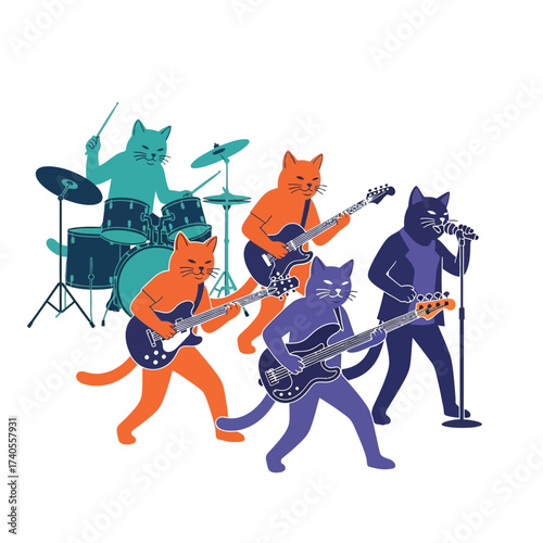 Five cartoon cats forming a vibrant rock band, playing drums, electric guitars, bass guitars, and singing into a microphone.