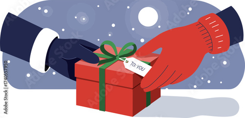 Festive gift exchange between two individuals during snowy holiday season