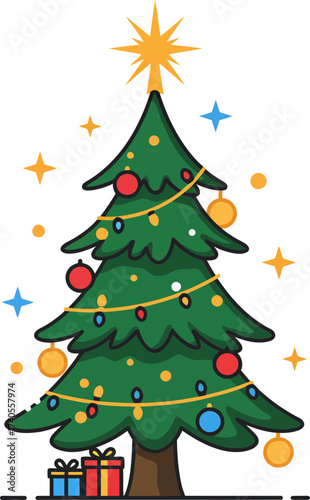Festive decorated Christmas tree adorned with colorful ornaments and glowing stars