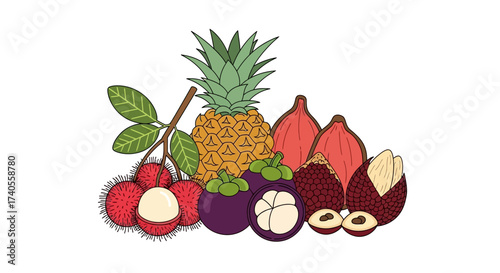 Tropical fruit set with pineapple strawberry and other fresh fruits on white background