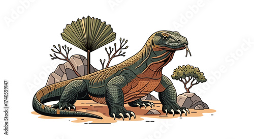 Komodo Dragon Illustration: A striking illustration captures the imposing presence of a Komodo dragon, with intricate details showcasing its rugged texture and the arid landscape.