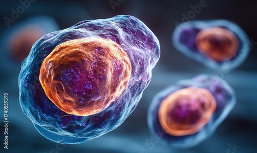 Microscopic cells with a visible nucleus and membrane