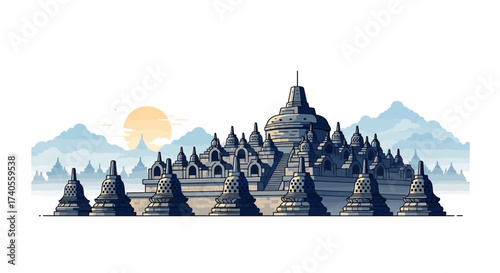 Ancient Temple Amidst Mist: A majestic temple, steeped in history and cultural significance, stands in silhouette against a backdrop of rolling hills and an ethereal morning mist.