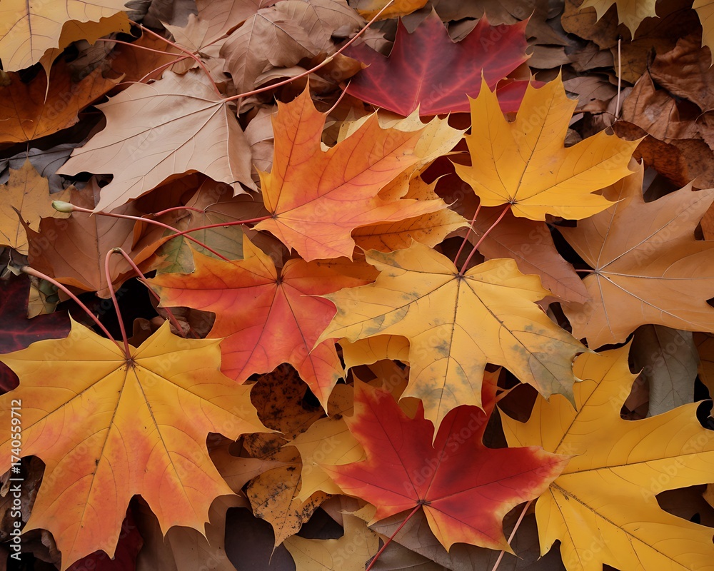 Fototapeta premium Closeup of colorful maple leaves scattered on the ground in autumn