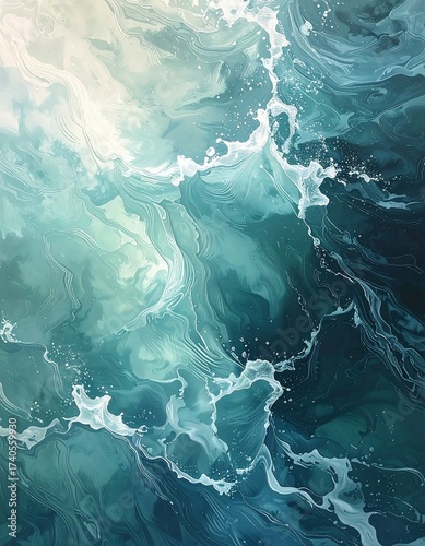 An abstract painting of swirling ocean waves