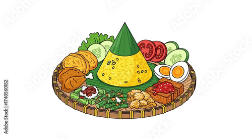 Exquisite Indonesian Nasi Tumpeng A Festive Culinary Masterpiece with Yellow Rice and Delicious Accompaniments
