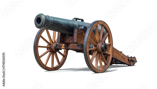 Antique artillery piece, dark metal barrel, wooden carriage, white background