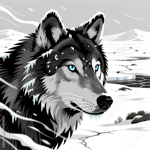 Polar Wolf with icy fur looking pensive in a snowy landscape