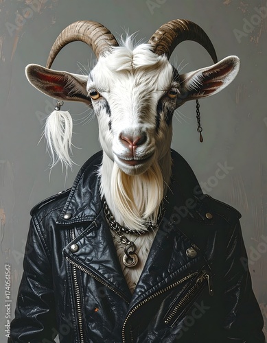 Anthropomorphic goat wearing a leather jacket, chains, and earrings
