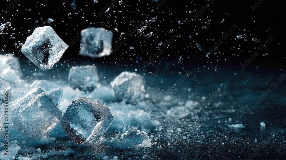 Obraz premium Ice cubes falling, scattering shards on dark blue surface
