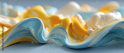 Swirling abstract wave of blue, yellow, and white paint