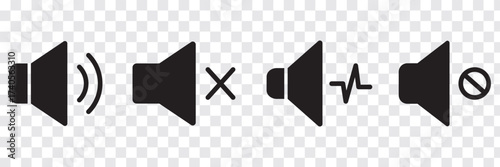 Vector black sound flat icons set. A set of speaker volume icons in solid and outline styles, showing sound on and sound off variations. Audio Speaker Volume Icons. EPS 10.