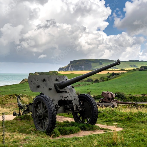 Antique artillery piece overlooking the ocean on a cloudy day