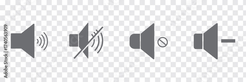 Volume and Speaker Icons Set Sound Symbols Including Mute, Low, Medium, and High Volume Levels in Minimalist Line Style for Media Players, Mobile Apps, and Web Audio Interfaces Vector Grey, Red color.